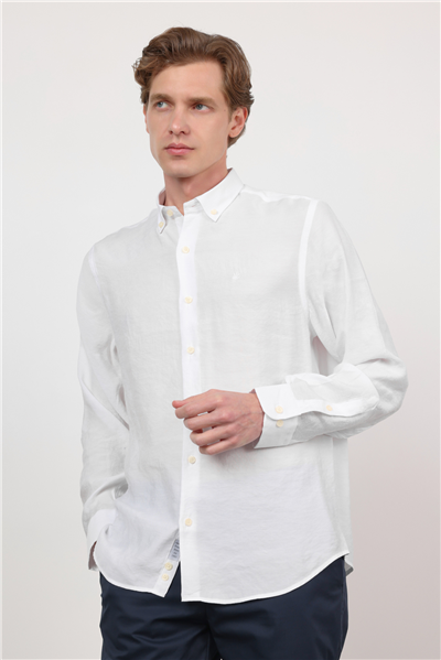 Beyaz Düğmeli Yaka Uzun Kol Cepsiz Slim Fit Modal Gömlek 1004260162