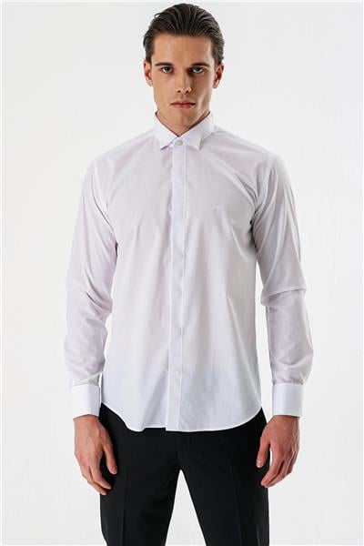 Beyaz Uzun Kollu Bez Ayağı Ata Yaka Cepsiz Pamuklu Damatlık Slim Fit Dar Kesim Gömlek 1004240214