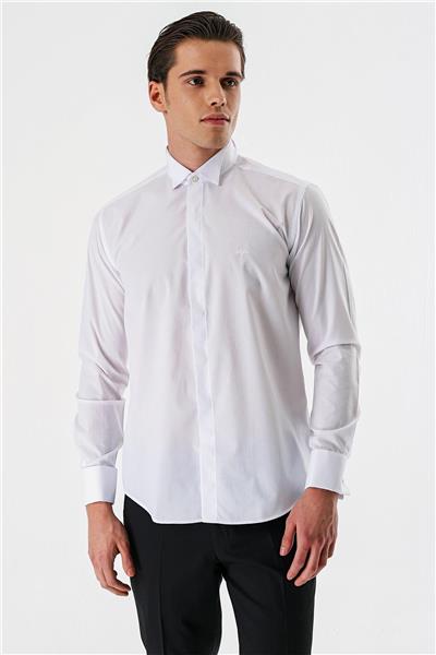 Beyaz Uzun Kollu Bez Ayağı Ata Yaka Cepsiz Pamuklu Damatlık Slim Fit Dar Kesim Gömlek 1004240214