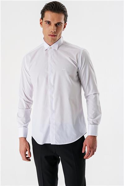 Beyaz Uzun Kollu Bez Ayağı Ata Yaka Cepsiz Pamuklu Damatlık Slim Fit Dar Kesim Gömlek 1004240214