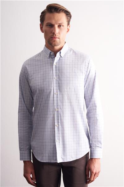 Beyaz-Gri Düğmeli Yaka Kareli Desen Uzun Kol Premium Slim Fit %100 Pamuk Gömlek 1004255184