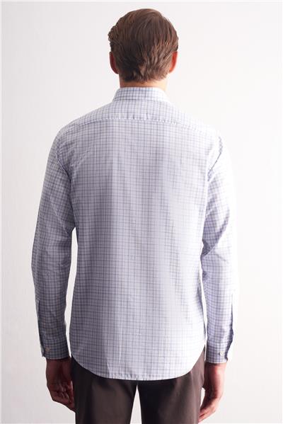 Beyaz-Gri Düğmeli Yaka Kareli Desen Uzun Kol Premium Slim Fit %100 Pamuk Gömlek 1004255184