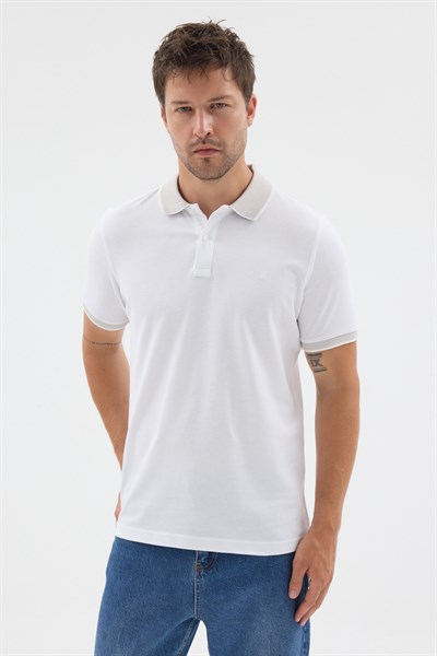 Beyaz-Gri Polo Yaka Pike Kısa Kol Slim Fit %100 Pamuk Tişört 1011260171