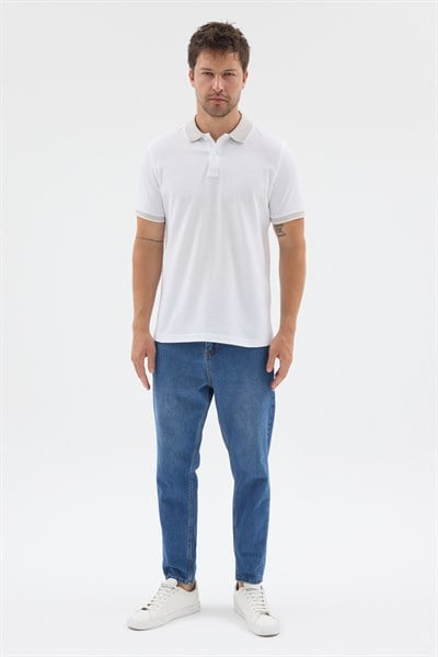 Beyaz-Gri Polo Yaka Pike Kısa Kol Slim Fit %100 Pamuk Tişört 1011260171