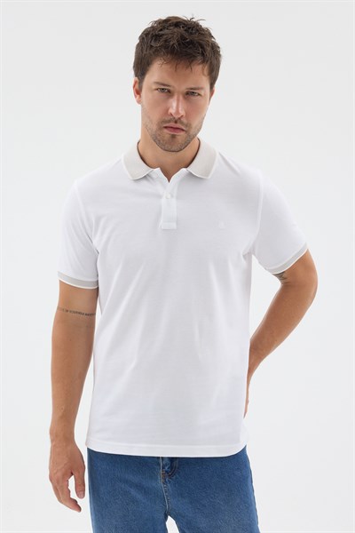 Beyaz-Gri Polo Yaka Pike Kısa Kol Slim Fit %100 Pamuk Tişört 1011260171