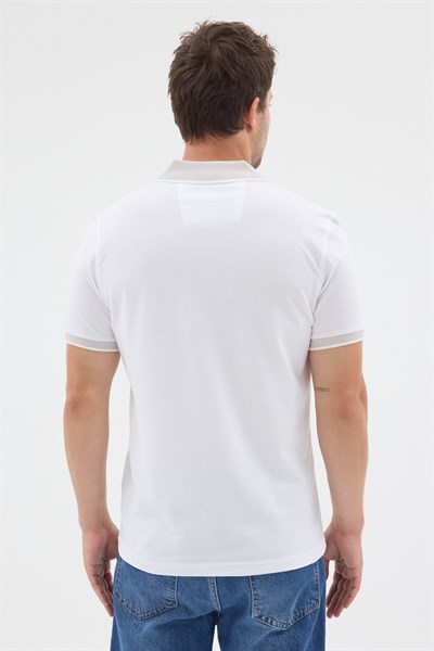 Beyaz-Gri Polo Yaka Pike Kısa Kol Slim Fit %100 Pamuk Tişört 1011260171