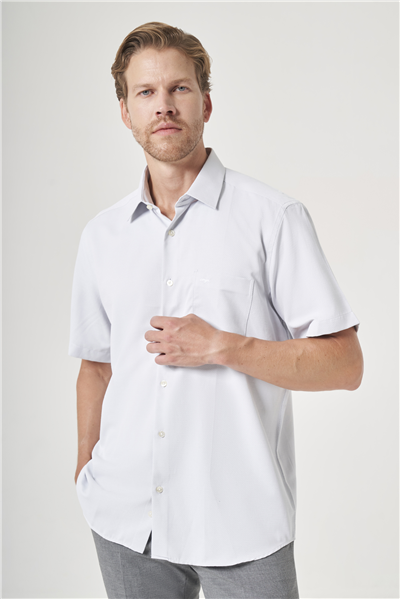 Beyaz-Gri Sert Yaka Kısa Kol Cepli Comfort Fit Pamuklu Gömlek 1004260189