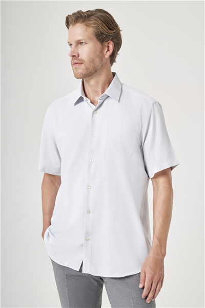Beyaz-Gri Sert Yaka Kısa Kol Cepli Comfort Fit Pamuklu Gömlek 1004260189