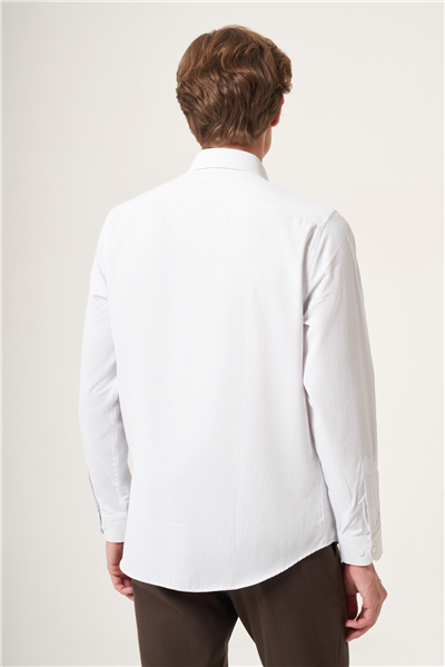 Beyaz-Gri Sert Yaka Slim Fit Pamuklu Gömlek 1004265123