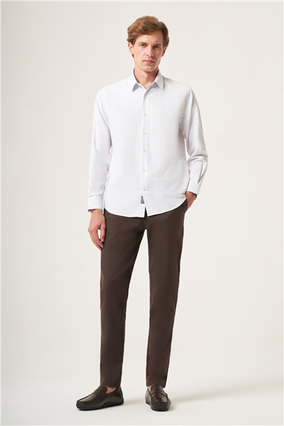 Beyaz-Gri Sert Yaka Slim Fit Pamuklu Gömlek 1004265123