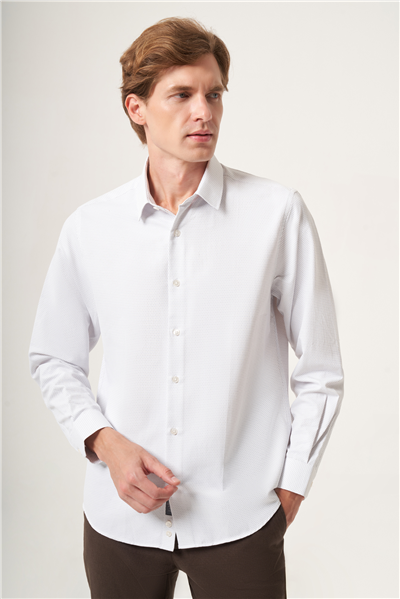 Beyaz-Gri Sert Yaka Slim Fit Pamuklu Gömlek 1004265123
