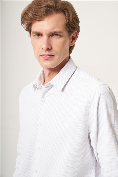 Beyaz-Gri Sert Yaka Slim Fit Pamuklu Gömlek 1004265123