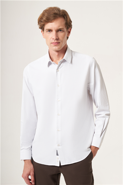 Beyaz-Gri Sert Yaka Slim Fit Pamuklu Gömlek 1004265123