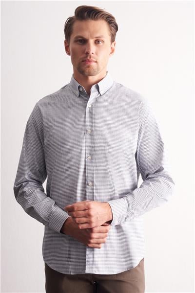 Beyaz - Haki Düğmeli Yaka Kareli Desen Uzun Kol Premium Slim Fit %100 Pamuk Gömlek 1004255185
