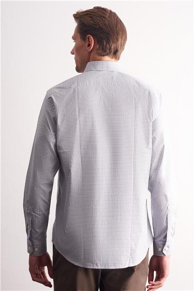 Beyaz - Haki Düğmeli Yaka Kareli Desen Uzun Kol Premium Slim Fit %100 Pamuk Gömlek 1004255185