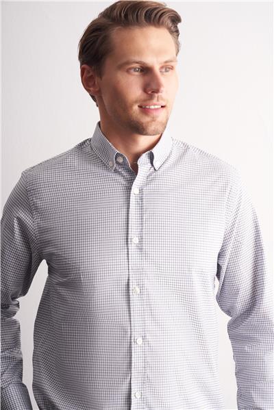 Beyaz - Haki Düğmeli Yaka Kareli Desen Uzun Kol Premium Slim Fit %100 Pamuk Gömlek 1004255185
