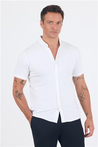 Beyaz italyan Düğmeli Yaka Kısa Kol Cepsiz Slim Fit Gömlek 1004250255
