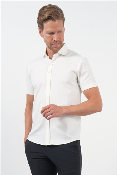 Beyaz İtalyan Yaka Kısa Kol Cepsiz Slim Fit Esnek Gömlek 1004260159