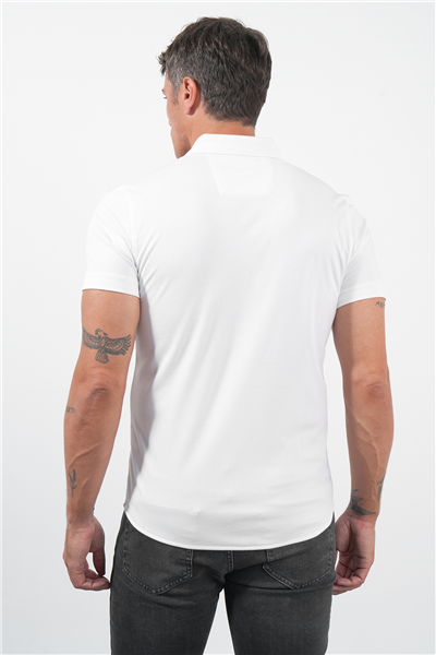 Beyaz İtalyan Yaka Kısa Kol Cepsiz Slim Fit Pamuklu Gömlek 1004260158