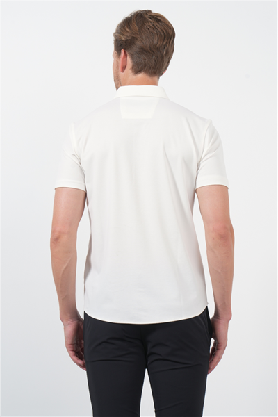 Beyaz İtalyan Yaka Kısa Kol Cepsiz Slim Fit Esnek Gömlek 1004260159