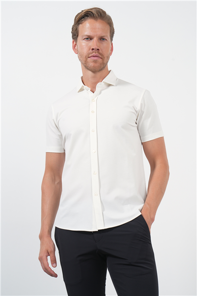 Beyaz İtalyan Yaka Kısa Kol Cepsiz Slim Fit Esnek Gömlek 1004260159