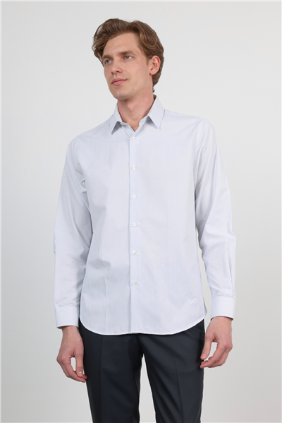Beyaz-Mavi Sert Yaka Uzun Kol Cepsiz Slim Fit Pamuklu Gömlek 1004260210
