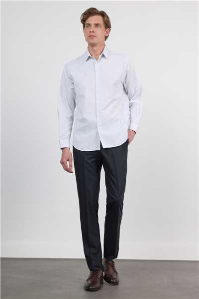 Beyaz-Mavi Sert Yaka Uzun Kol Cepsiz Slim Fit Pamuklu Gömlek 1004260210