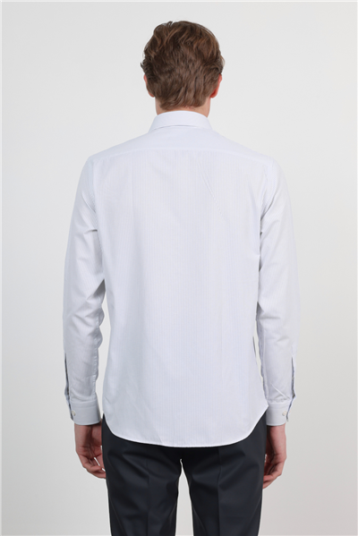 Beyaz-Mavi Sert Yaka Uzun Kol Cepsiz Slim Fit Pamuklu Gömlek 1004260210