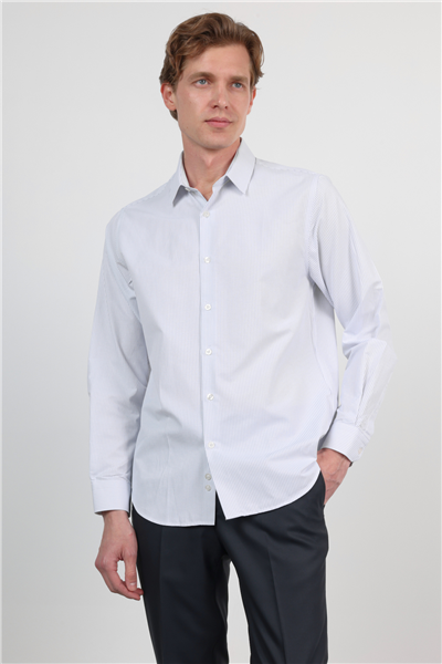 Beyaz-Mavi Sert Yaka Uzun Kol Cepsiz Slim Fit Pamuklu Gömlek 1004260210