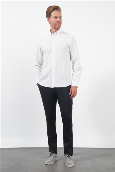 Beyaz-Kahverengi Yumuşak Yaka Uzun Kol Slim Fit Pamuklu Gömlek 1004260260