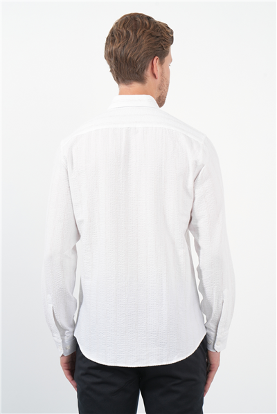 Beyaz-Kahverengi Yumuşak Yaka Uzun Kol Slim Fit Pamuklu Gömlek 1004260260