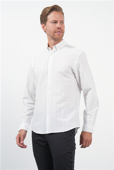 Beyaz-Kahverengi Yumuşak Yaka Uzun Kol Slim Fit Pamuklu Gömlek 1004260260