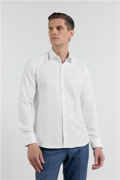 Beyaz Dokulu Sert Yaka Uzun Kol Cepsiz Slim Fit Pamuklu Gömlek 1004255283
