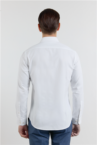 Beyaz Dokulu Sert Yaka Uzun Kol Cepsiz Slim Fit Pamuklu Gömlek 1004255283