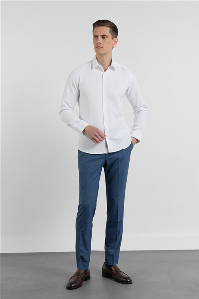 Beyaz Dokulu Sert Yaka Uzun Kol Cepsiz Slim Fit Pamuklu Gömlek 1004255283