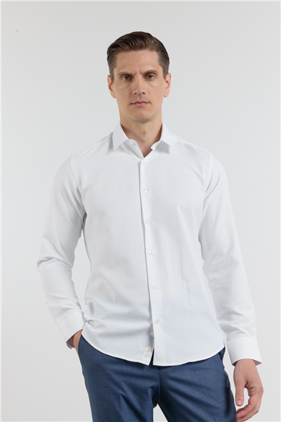 Beyaz Dokulu Sert Yaka Uzun Kol Cepsiz Slim Fit Pamuklu Gömlek 1004255283