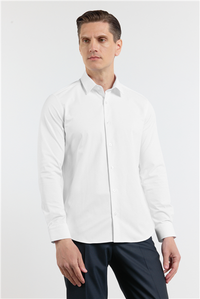 Kendinden Desenli Sert Yaka Uzun Kol Cepsiz Slim Fit Pamuklu Gömlek 1004255230