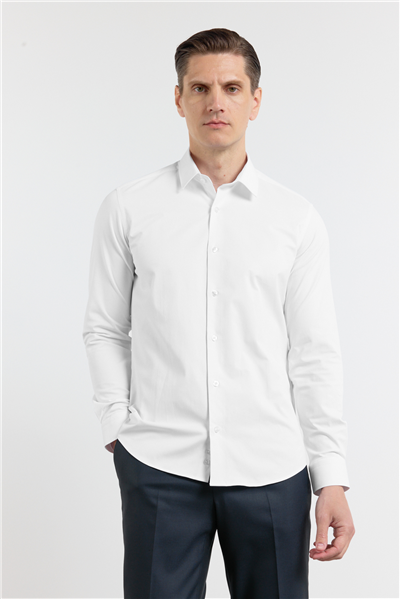 Kendinden Desenli Sert Yaka Uzun Kol Cepsiz Slim Fit Pamuklu Gömlek 1004255230
