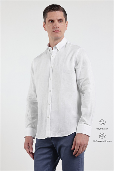 Beyaz Keten Düğmeli Yaka Uzun Kol Cepsiz Slim Fit %100 Keten Gömlek 1004260161