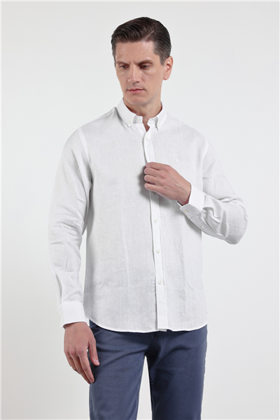 Beyaz Keten Düğmeli Yaka Uzun Kol Cepsiz Slim Fit %100 Keten Gömlek 1004260161