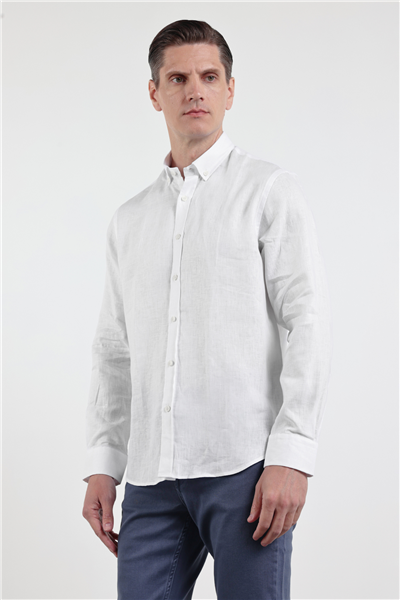 Beyaz Keten Düğmeli Yaka Uzun Kol Cepsiz Slim Fit %100 Keten Gömlek 1004260161