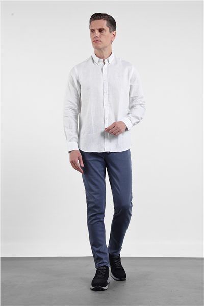 Beyaz Keten Düğmeli Yaka Uzun Kol Cepsiz Slim Fit %100 Keten Gömlek 1004260161