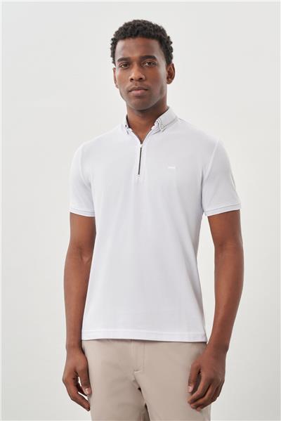 Beyaz Kısa Kol Düz Pike Polo Yaka Cepsiz Pamuk Casual Slim Fit Tişört 1011245900_600