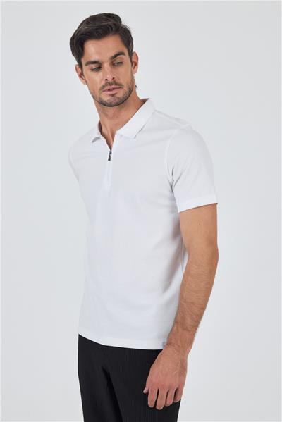 Beyaz Kısa Kol Düz Suprem Polo Yaka Cepsiz Pamuklu Casual Slim Fit Tişört 1011250164