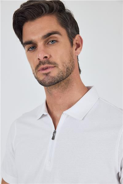 Beyaz Kısa Kol Düz Suprem Polo Yaka Cepsiz Pamuklu Casual Slim Fit Tişört 1011250164