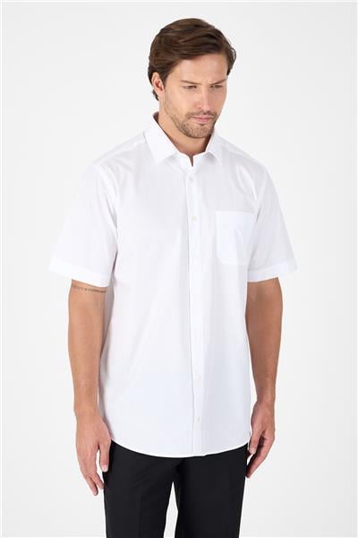 Beyaz Kısa Kol Sert Yaka Cepli  Comfort Fit %100 Pamuk Gömlek 1004250265