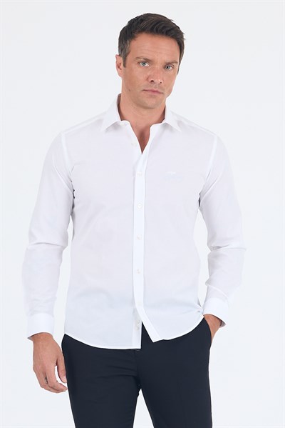 Beyaz Klasik Yaka Uzun Kol Cepsiz Slim Fit Basic Pamuklu Gömlek 1004255008