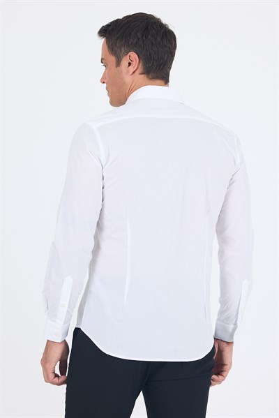 Beyaz Klasik Yaka Uzun Kol Cepsiz Slim Fit Basic Pamuklu Gömlek 1004255008
