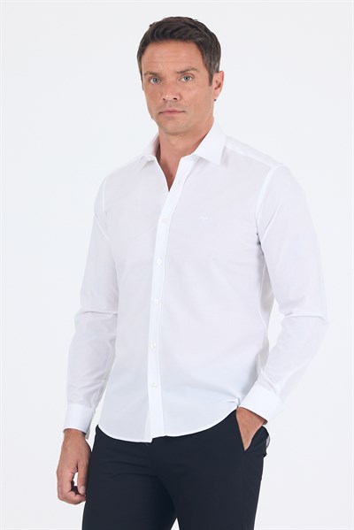 Beyaz Klasik Yaka Uzun Kol Cepsiz Slim Fit Basic Pamuklu Gömlek 1004255008