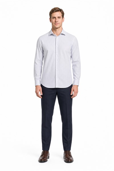 Beyaz Kol Çizgili Desen Bez Ayağı İtalyan Yaka Cepsiz Esnek Classic Slim Fit Gömlek 1004250201